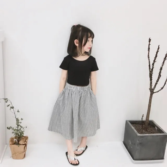 【橘魔法】黑色圓領短袖上衣＋條紋大圓裙 套裝(親子裝 裙子 中長裙 大童 大人 兒童 女童 童裝)