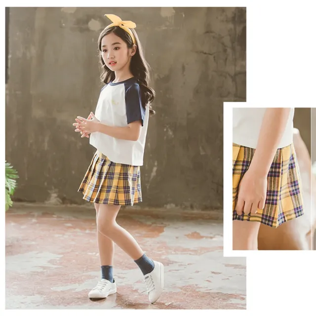 【橘魔法】插肩短袖上衣+百褶格子褲裙 套裝(運動套裝 小童 制服 學院風 童裝 女童 兒童)