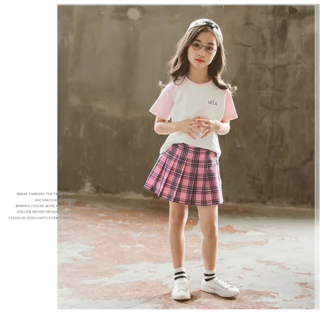 【橘魔法】插肩短袖上衣+百褶格子褲裙 套裝(運動套裝 小童 制服 學院風 童裝 女童 兒童)