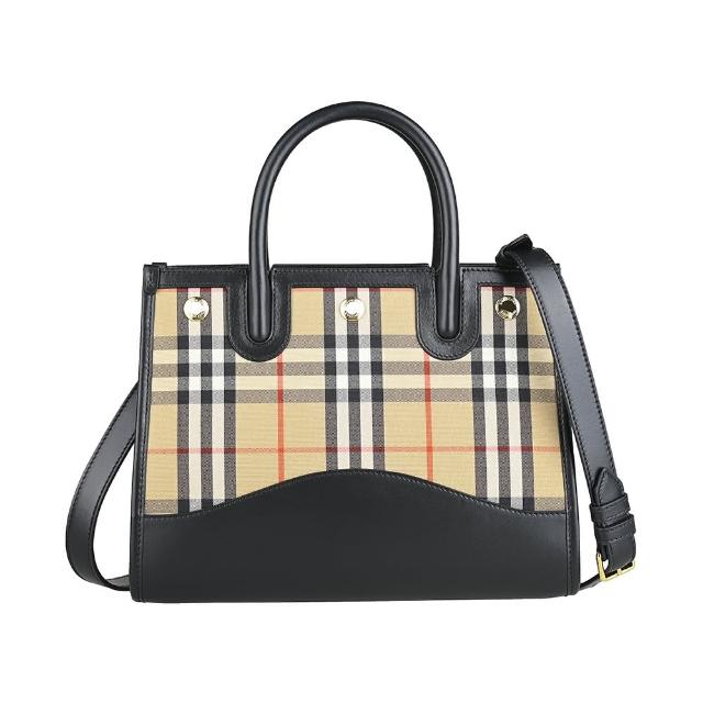 【BURBERRY 巴寶莉】BURBERRY Title經典內裡燙金LOGO都市格紋設計帆布拼小牛皮釦帶式手提斜背包(黑x米格紋)