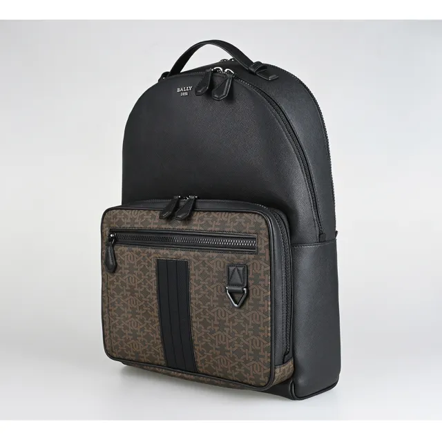 【BALLY】BALLY Mavrick復古立體銀字LOGO印花字母設計防刮牛皮拼PVC雙拉鍊後背包(褐x黑)