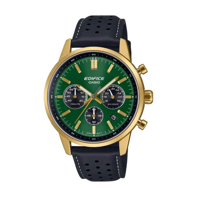 【CASIO 卡西歐】EDIFICE 三針三眼 奢華金綠 皮革錶帶 計時碼錶 球面玻璃設計 EFR-575CL-3A_40.5mm