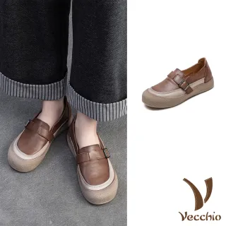 【Vecchio】真皮樂福鞋 厚底樂福鞋/真皮頭層牛皮經典撞色拼接皮帶釦飾厚底樂福鞋(咖)