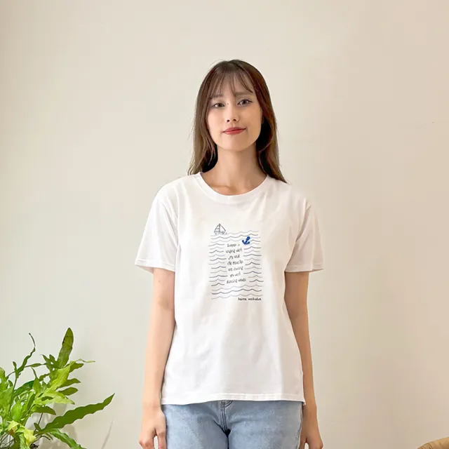 【Hana Mokuba】花木馬日系女裝圓領趣味帆船波浪印花休閒T恤(T恤)
