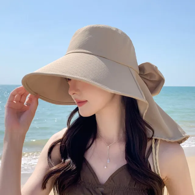 【MUAN】夏季大簷披肩蝴蝶結漁夫帽 戶外騎行遮陽帽 防曬帽(太陽帽 漁夫帽 登山帽 防風帽)
