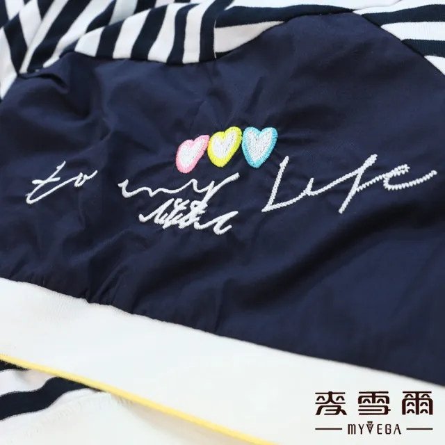 【MYVEGA 麥雪爾】高含棉撞色條紋字母刺繡上衣-深藍(復古T/)