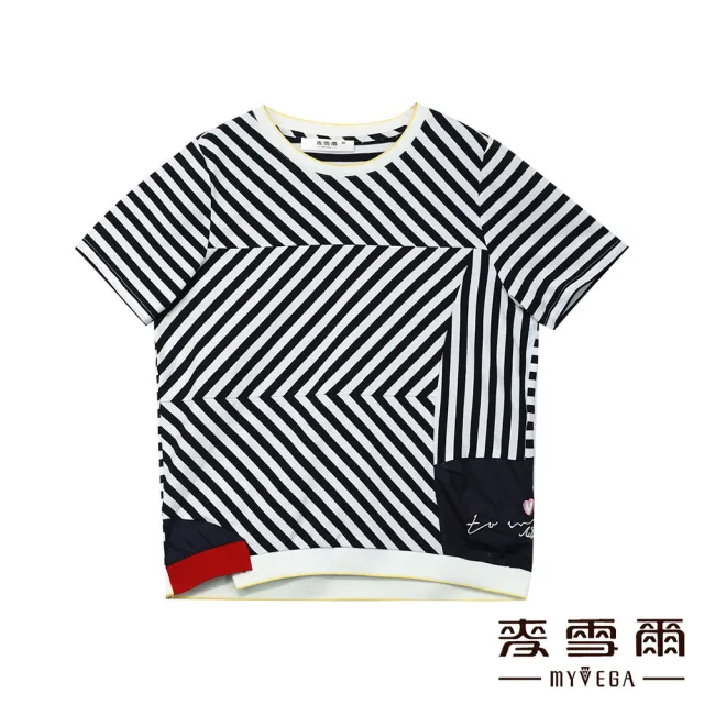 【MYVEGA 麥雪爾】高含棉撞色條紋字母刺繡上衣-深藍(復古T/)