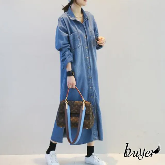 【buyer 白鵝】刷色 休閒口袋長版洋裝外套(深藍)