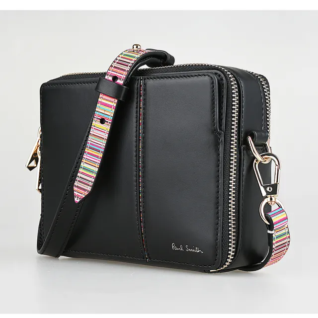 【Paul Smith】PAUL SMITH質感燙印LOGO經典條紋牛皮雙拉鍊斜背方包(黑)