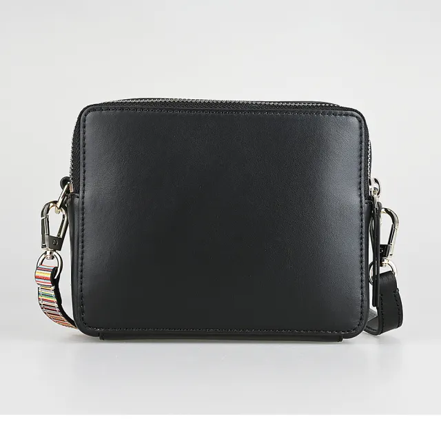 【Paul Smith】PAUL SMITH質感燙印LOGO經典條紋牛皮雙拉鍊斜背方包(黑)