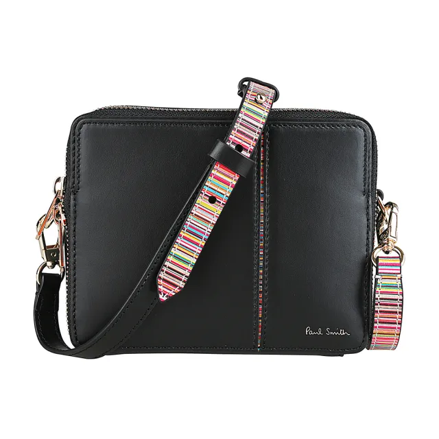 【Paul Smith】PAUL SMITH質感燙印LOGO經典條紋牛皮雙拉鍊斜背方包(黑)