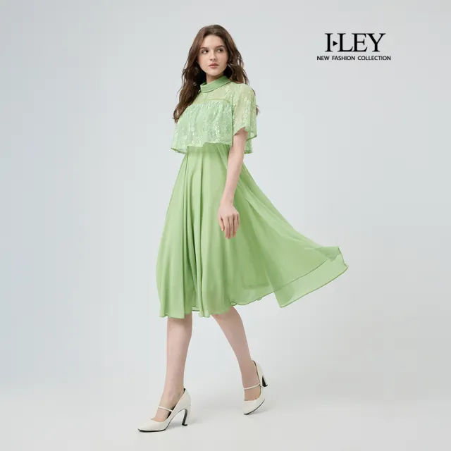 【ILEY 伊蕾】小高領蕾絲長洋裝(淺綠;M-XL;1252527101)