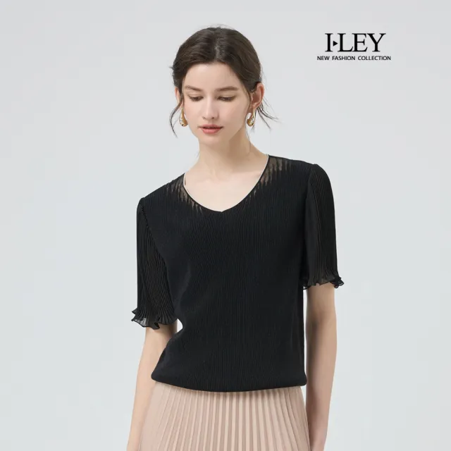 【ILEY 伊蕾】V領拼接縲縈針織上衣(黑;M-2L;1251345002)