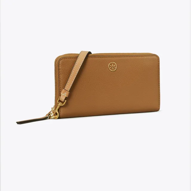 【TORY BURCH】專櫃經典款 Robinson 防刮皮革拉鍊長夾/手拿包/手機包手掛式長夾(手提鏈帶可拆  駝色)