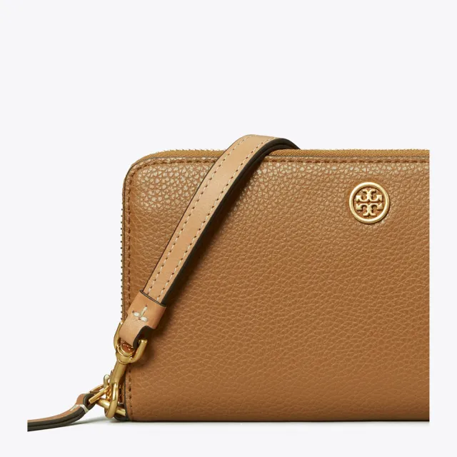 【TORY BURCH】專櫃經典款 Robinson 防刮皮革拉鍊長夾/手拿包/手機包手掛式長夾(手提鏈帶可拆  駝色)