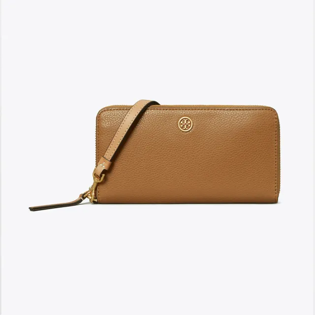 【TORY BURCH】專櫃經典款 Robinson 防刮皮革拉鍊長夾/手拿包/手機包手掛式長夾(手提鏈帶可拆  駝色)