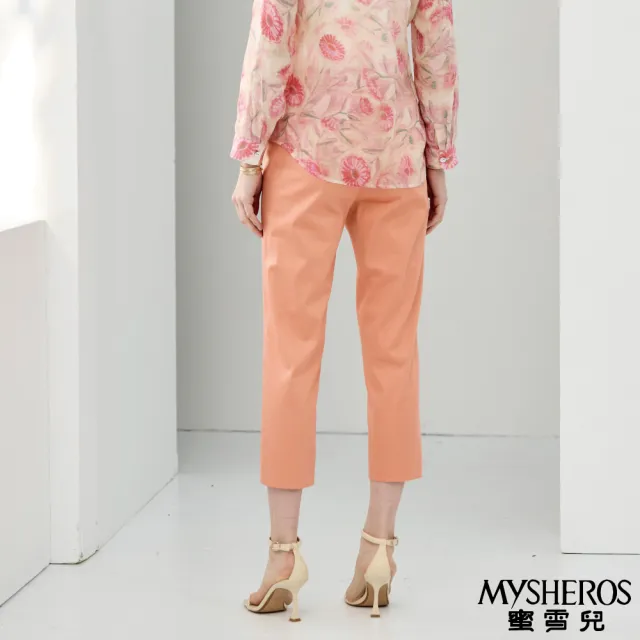【MYSHEROS 蜜雪兒】高含棉造型長褲 前釦拉鏈後鬆緊 亮色皇冠鑽飾(橙)