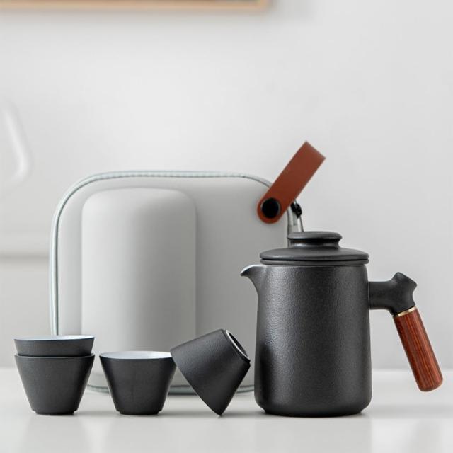 【茶器】日式便攜陶瓷旅行茶具組套裝-附收納盒(一壺四杯 磨砂茶具 茶壺 茶杯 泡茶具 露營 茶器 功夫茶具)