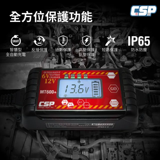【CSP】MT600+充電器 適用6V 12V 脈衝式充電機(檢測機能 充電電池 LCD液晶 汽機車 全電壓MT-600+)