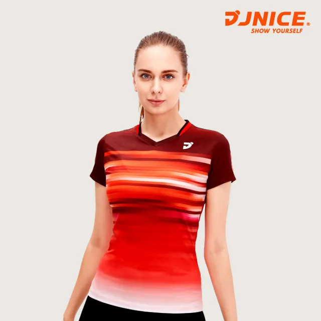 【JNICE 久奈司】女版簡約橫紋 排汗衫 運動上衣 運動服 羽球服 大賽服-紅漸層(JT-054W-RD)