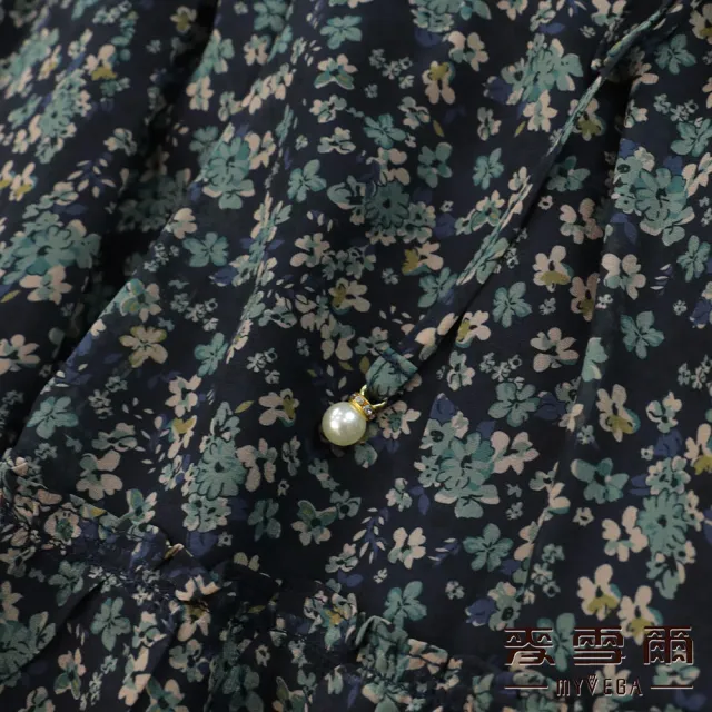 【MYVEGA 麥雪爾】小碎花收腰雪紡長洋裝-深藍