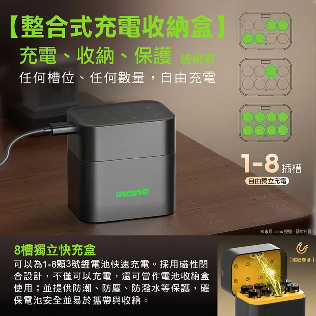 【iNeno】整合式 智能隨身收納盒充電器4槽 1.5V鋰電池 3號AA專用