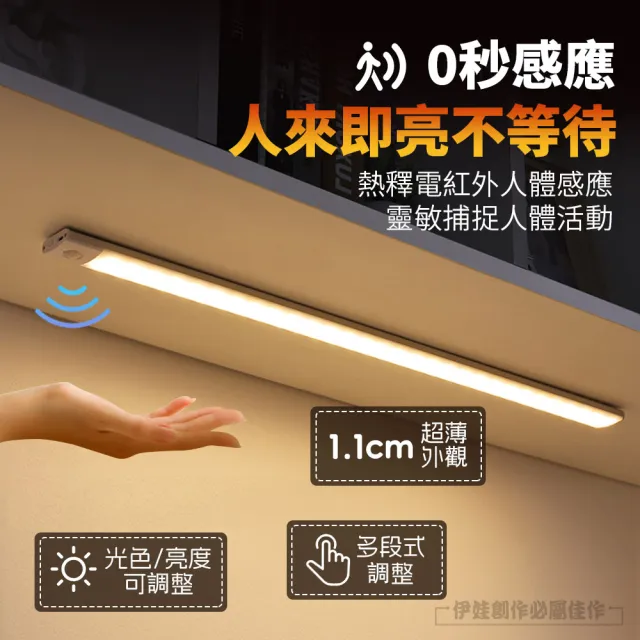 【IDREES 伊德萊斯】LED磁吸人體感應燈 三檔調光 USB無線超薄 40cm(LED燈 小夜燈 櫥櫃燈條 樓道燈)