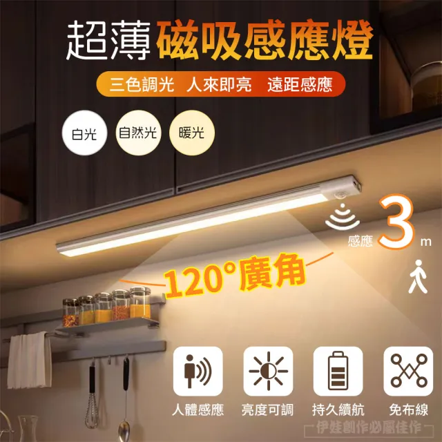 【IDREES 伊德萊斯】LED磁吸人體感應燈 三檔調光 USB無線超薄 40cm(LED燈 小夜燈 櫥櫃燈條 樓道燈)