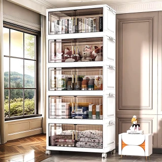 【Mr.Box】60面寬摺疊雙開門五層收納櫃(附滑輪)