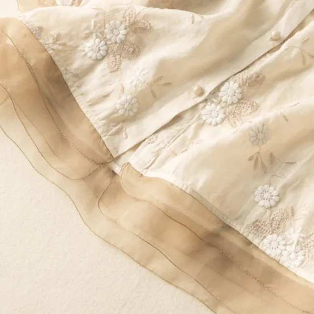 【ACheter】重工刺繡上衣七分袖棉麻拼接文藝復古短版上衣#124599(米白)