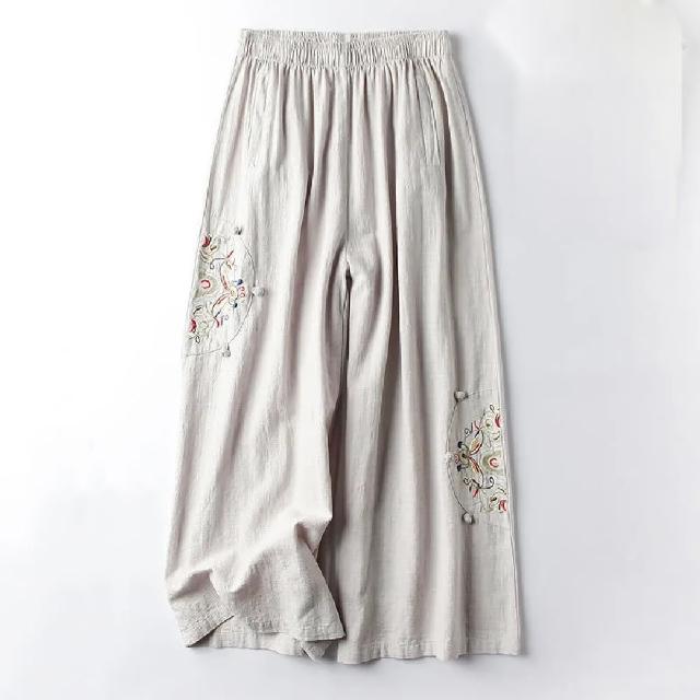 【LANNI 藍尼】現貨 復古刺繡棉麻感寬褲(女裝/褲子/長褲/休閒褲/九分褲/錐形)