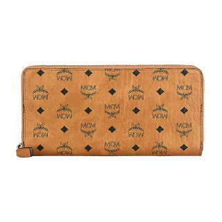【MCM】MCM Visetos Original外層印滿徽標LOGOㄇ字型造型設計小牛皮12卡拉鍊長夾(白蘭地棕)