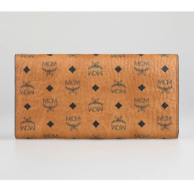 【MCM】MCM Visetos Original滿版紋路印花LOGO月桂葉及菱形設計小牛皮10卡釦式三折長夾(白蘭地棕)
