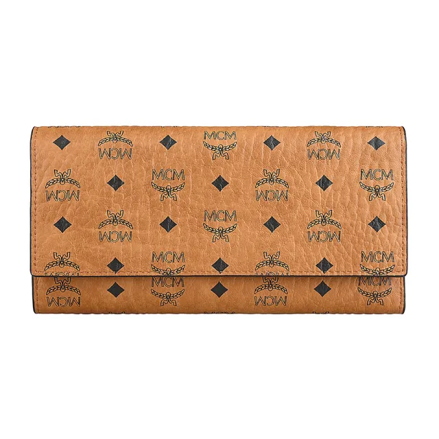 【MCM】MCM Visetos Original滿版紋路印花LOGO月桂葉及菱形設計小牛皮10卡釦式三折長夾(白蘭地棕)