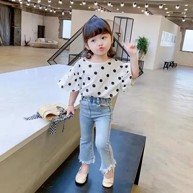 【安朵童舖】現貨韓版兒童波點露背牛仔褲套裝女寶短袖套裝女童短袖上衣牛仔長褲(032)
