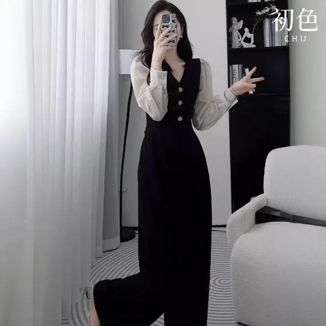 【初色】法式純色拼接長袖V領口袋修身顯瘦連體褲連體衣-黑色-10772(M-2XL可選)