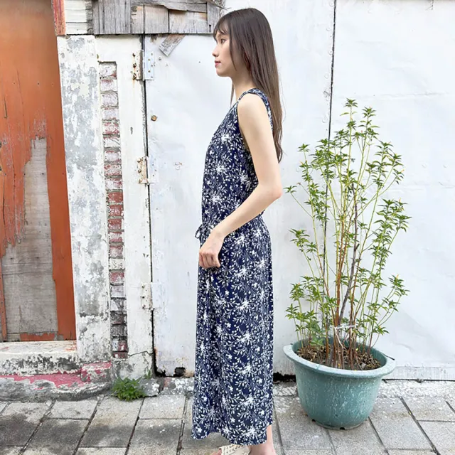 【Hana Mokuba】花木馬日系女裝滿版印花無袖綁帶收腰洋裝(洋裝)
