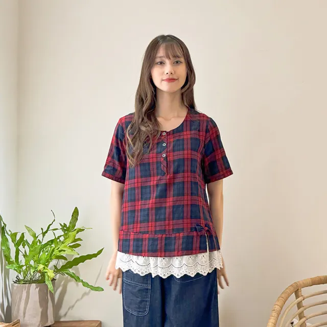 【Hana Mokuba】花木馬日系女裝紅格紋拼接蕾絲花邊上衣(造型上衣)