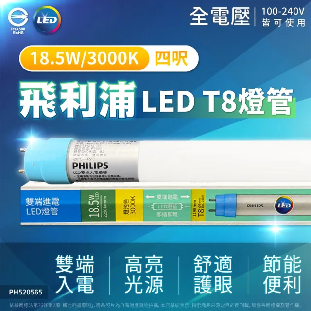 【Philips 飛利浦】12入 T8 LED 燈管 4尺 18.5W 全電壓 雙端入電 日光燈管(黃光/自然光/白光)