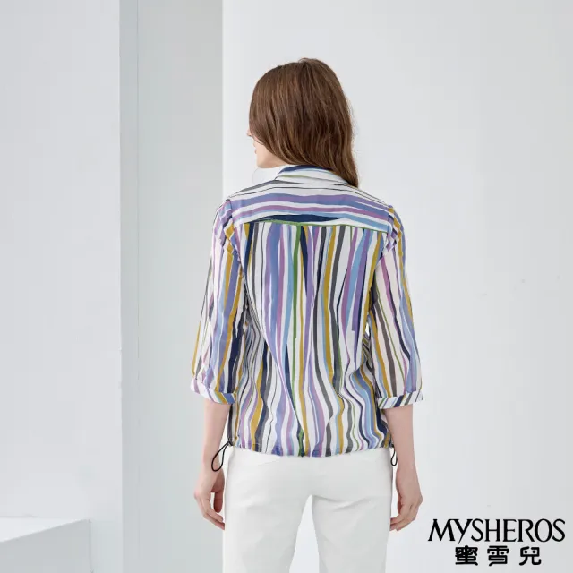 【MYSHEROS 蜜雪兒】棉質造型襯衫上衣 翻領排釦彩色直條紋 下擺抽繩設計(紫)