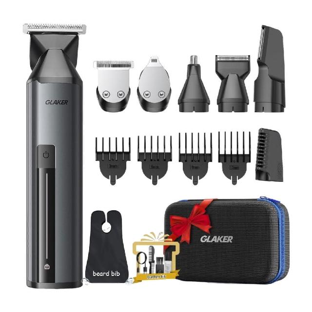 GLAKER CC5136 型號 EC-GLAKER-CC5136 電動修剪器，專為成人設計，提供3段剪髮長度調整，充電式電源方便使用。具備精準鬍鬚修剪功能，塑造俐落線條；全身修剪適用胸毛、腋毛、腿毛，打造清爽形象；鼻毛耳毛修剪頭安全去除細毛；細部造型修整眉毛側邊鬢角。刀頭水洗清潔，尺寸5x10x16cm，重量195g，中國產地，附贈收納盒便攜收納所有配件。