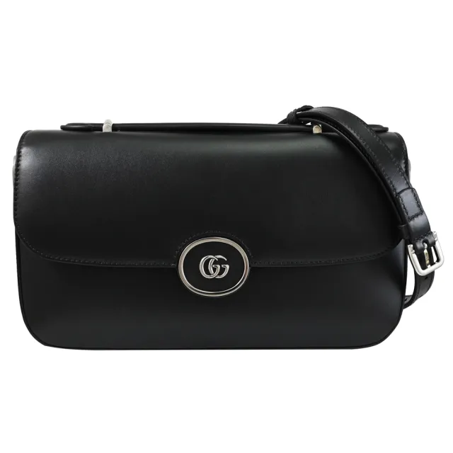 【GUCCI 古馳】Petite GG 金屬雙G LOGO壓扣翻蓋手提兩用包(黑 大)