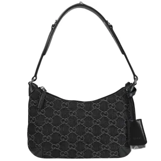 【GUCCI 古馳】經典雙G LOGO緹花拼接丹寧布手提包肩背包(黑)