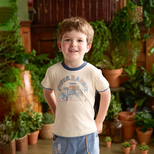 【奇哥】比得兔 男童裝 森林比得假兩件純棉短袖T恤/上衣(6-8歲)