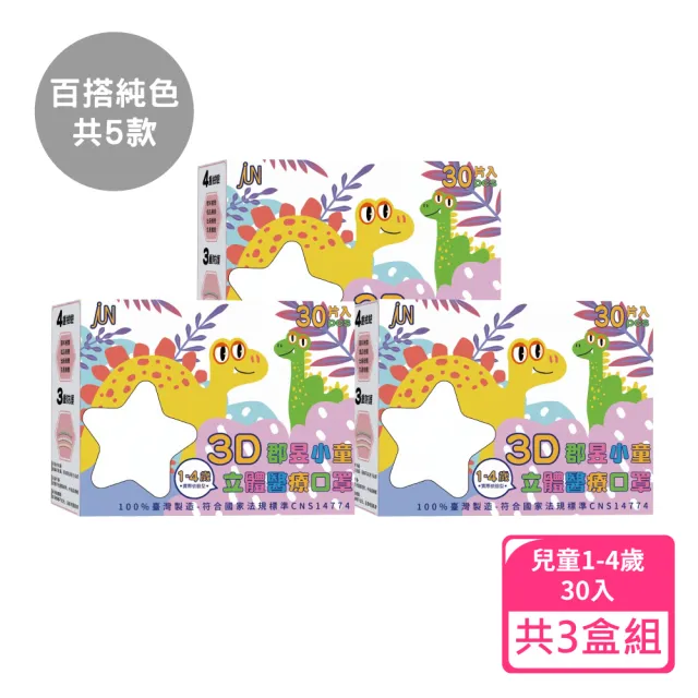 【JUN 郡昱】1-4歲兒童3D立體醫療口罩30入/盒-百搭純色系列；3盒組(台灣製造 立體口罩 3D口罩 兒童口罩)