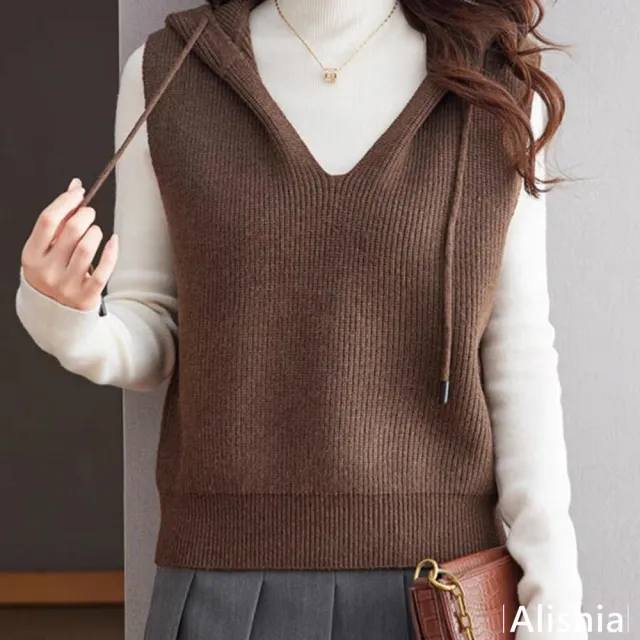 【Alishia】休閒寬鬆V領連帽針織背心 M-2XL(米色 / 灰色 / 咖啡色)