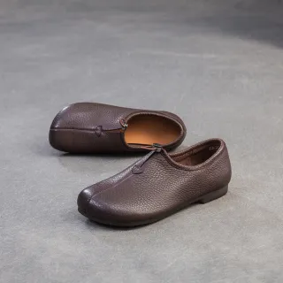 【Vecchio】真皮樂福鞋 低跟樂福鞋/全真皮頭層牛皮便利束口復古百搭低跟樂福鞋(棕)