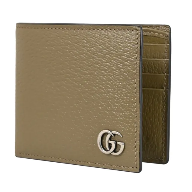 【GUCCI 古馳】金屬雙G LOGO素雅皮革雙層8卡對折短夾(淺褐)