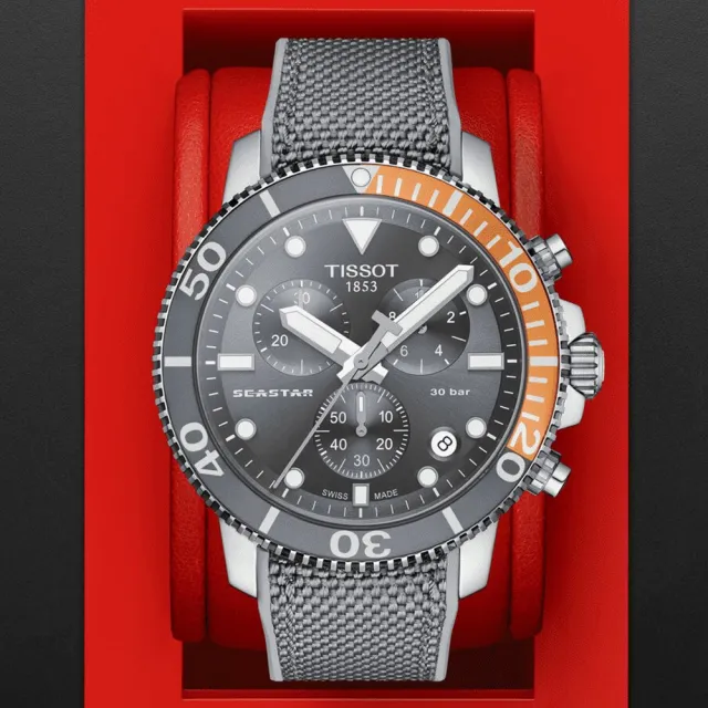 【TISSOT 天梭】SEASTAR 1000 灰 潛水計時腕錶 父親節 禮物 推薦 (T1204171708101)