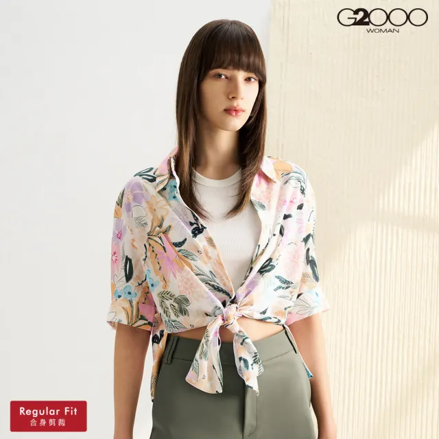 【G2000】女款 襯衫領印花短袖休閒上衣-白色(4124159102)